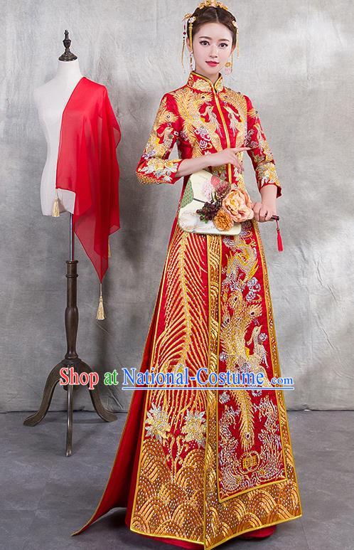 Traditional Chinese Ancient Trailing Diamante Bottom Drawer Embroidered Phoenix Xiuhe Suit Wedding Dress Toast Red Cheongsam for Women