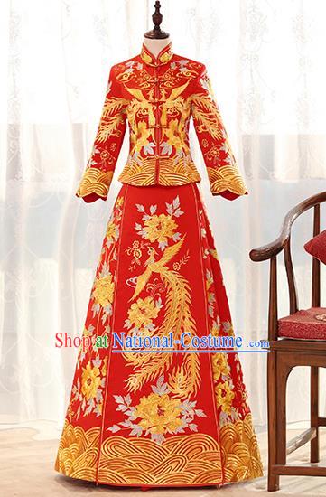 Traditional Chinese Ancient Red Bottom Drawer Embroidered Peony Phoenix Xiuhe Suit Wedding Dress Toast Cheongsam for Women