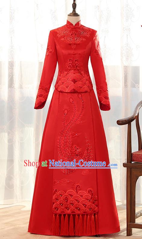 Traditional Chinese Ancient Red Bottom Drawer Embroidered Diamante Phoenix Xiuhe Suit Wedding Dress Toast Cheongsam for Women