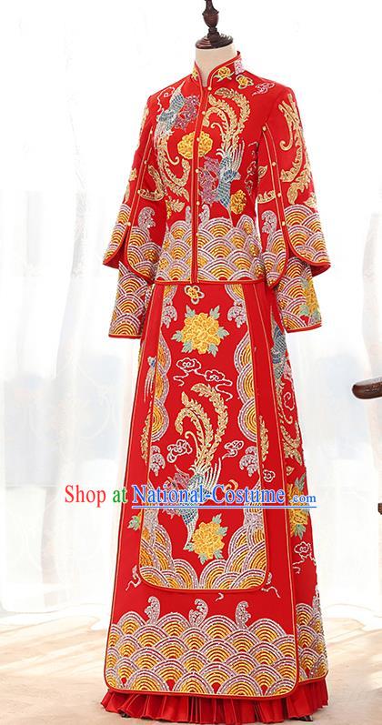 Traditional Chinese Ancient Red Bottom Drawer Embroidered Diamante Xiuhe Suit Wedding Dress Toast Cheongsam for Women