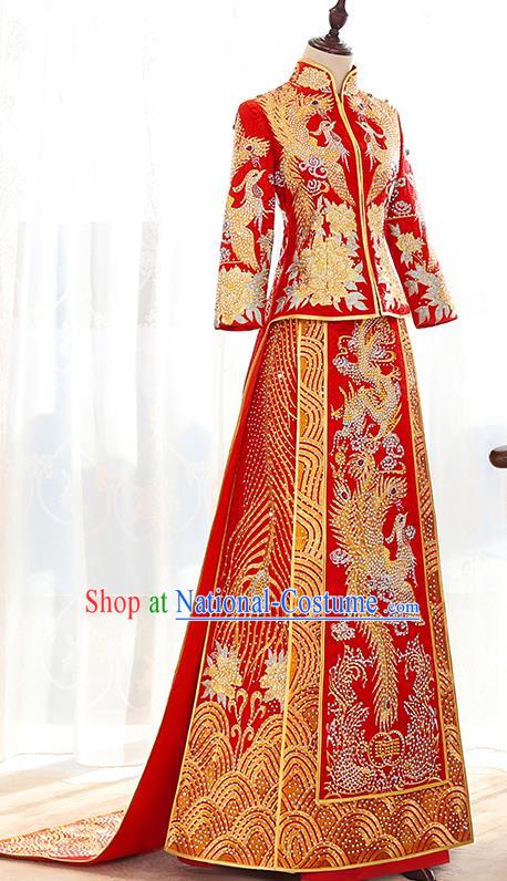 Traditional Chinese Ancient Red Trailing Bottom Drawer Embroidered Diamante Xiuhe Suit Wedding Dress Toast Cheongsam for Women