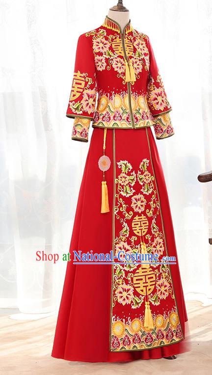 Traditional Chinese Ancient Bottom Drawer Embroidered Flowers Xiuhe Suit Wedding Dress Toast Cheongsam for Women