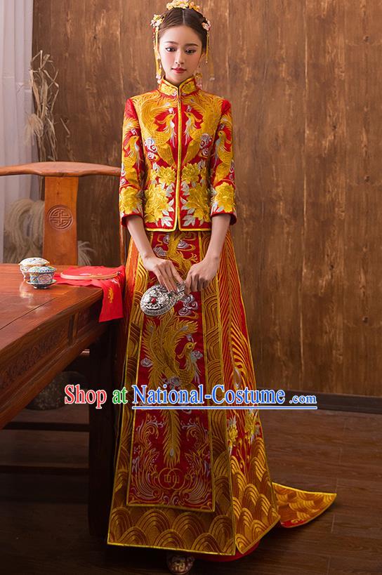 Traditional Chinese Ancient Red Bottom Drawer Embroidered Peony Xiuhe Suit Wedding Dress Toast Cheongsam for Women