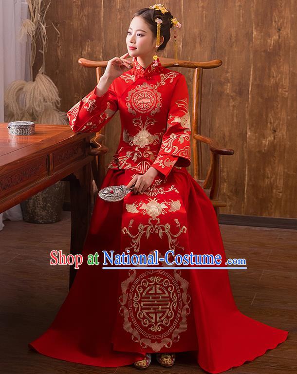 Traditional Chinese Ancient Embroidered Bats Bottom Drawer Xiuhe Suit Wedding Dress Toast Cheongsam for Women