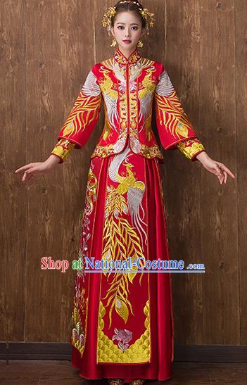 Traditional Chinese Ancient Embroidered Phoenix Bottom Drawer Xiuhe Suit Wedding Dress Toast Cheongsam for Women