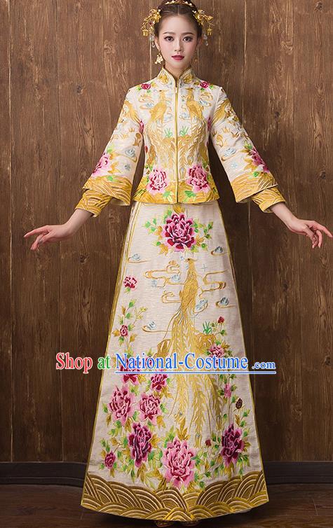 Traditional Chinese Ancient Yellow Toast Cheongsam Embroidered Peony Bottom Drawer Xiuhe Suit Wedding Dress for Women