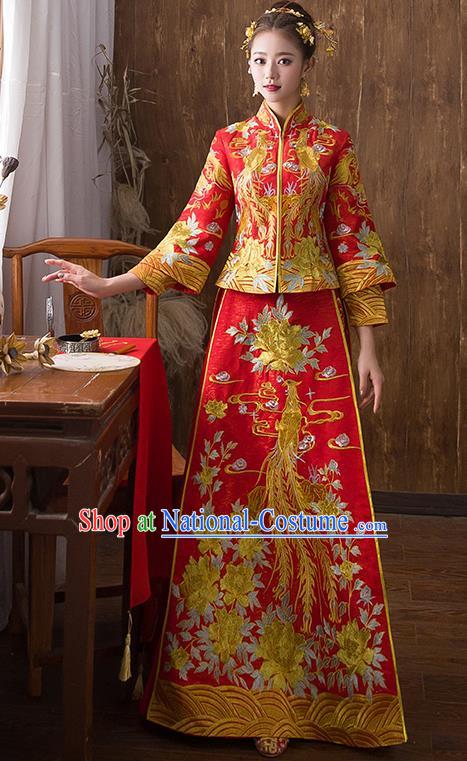 Traditional Chinese Ancient Red Toast Cheongsam Embroidered Peony Bottom Drawer Xiuhe Suit Wedding Dress for Women