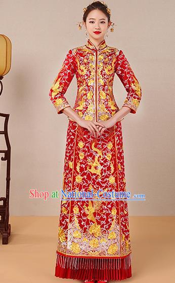 Traditional Chinese Ancient Red Toast Cheongsam Embroidered Dragon Phoenix Bottom Drawer Xiuhe Suit Wedding Dress for Women