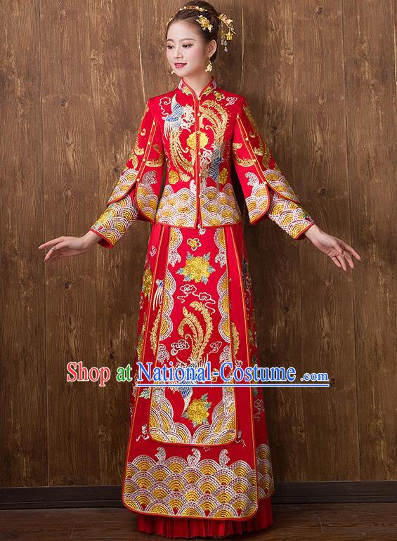 Traditional Chinese Ancient Embroidered Toast Cheongsam Red Bottom Drawer Xiuhe Suit Wedding Dress for Women