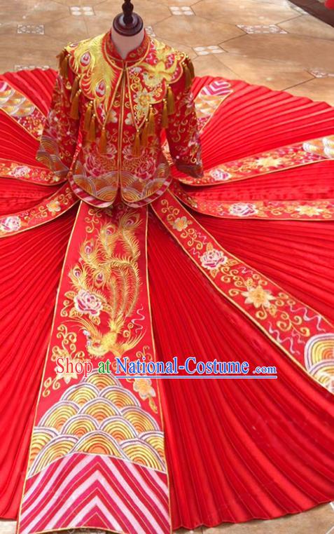 Traditional Chinese Ancient Embroidered Peony Toast Cheongsam Red Bottom Drawer Xiuhe Suit Wedding Dress for Women