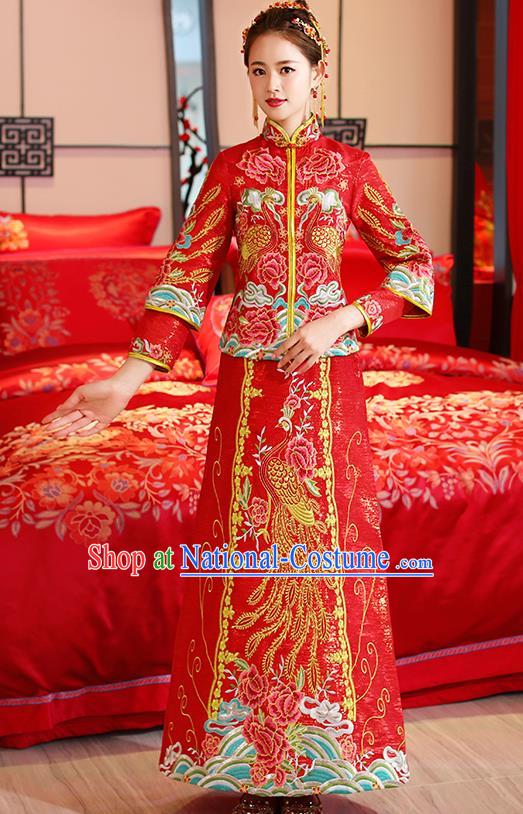 Traditional Chinese Ancient Embroidered Phoenix Peony Toast Cheongsam Red Bottom Drawer Xiuhe Suit Wedding Dress for Women