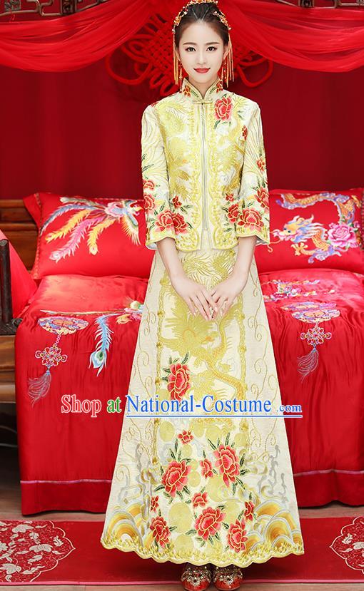 Traditional Chinese Ancient Embroidered Phoenix Peony Yellow Toast Cheongsam Bottom Drawer Xiuhe Suit Wedding Dress for Women