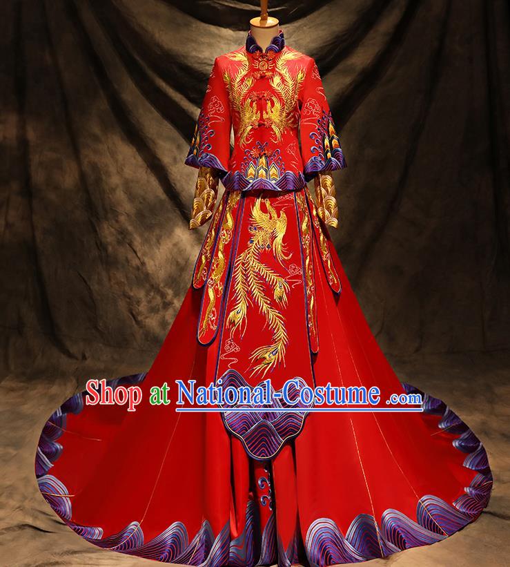 Traditional Chinese Ancient Embroidered Toast Cheongsam Trailing Bottom Drawer Xiuhe Suit Wedding Dress for Women