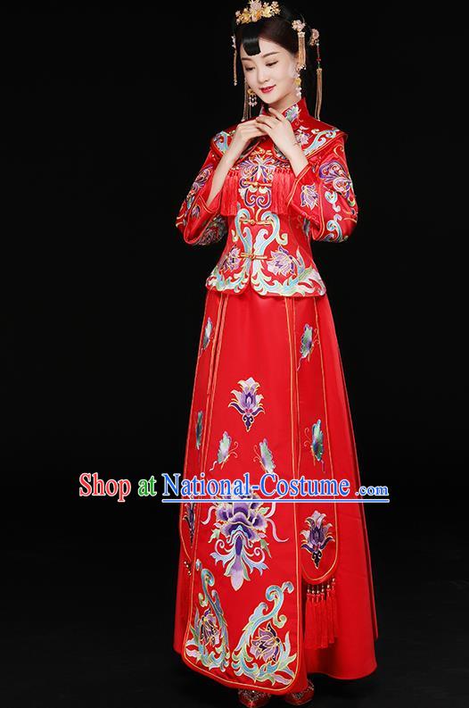 Traditional Chinese Embroidered Toast Cheongsam Ancient Bottom Drawer Xiuhe Suit Wedding Dress for Women