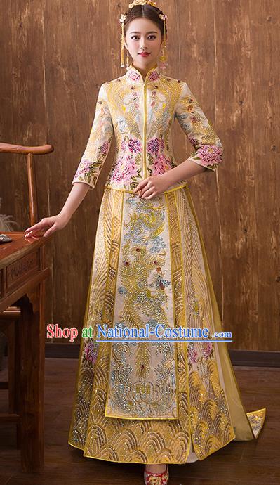 Traditional Chinese Ancient Diamante Trailing Yellow Bottom Drawer Embroidered Phoenix Xiuhe Suit Wedding Dress Toast Cheongsam for Women