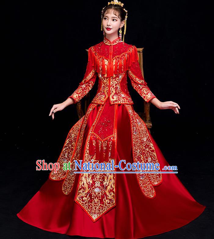 Chinese Traditional Wedding Embroidered Dress Toast Diamante Costumes Ancient Bride Xiuhe Suit Clothing for Women