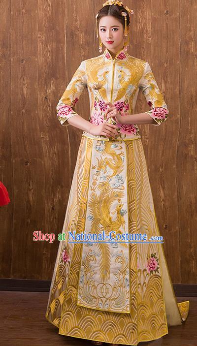 Traditional Chinese Ancient Trailing Yellow Bottom Drawer Embroidered Peony Xiuhe Suit Wedding Dress Toast Cheongsam for Women