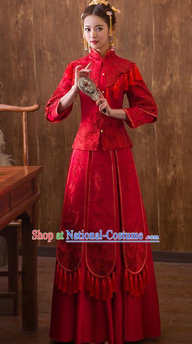 Traditional Chinese Ancient Red Bottom Drawer Embroidered Xiuhe Suit Wedding Dress Toast Cheongsam for Women