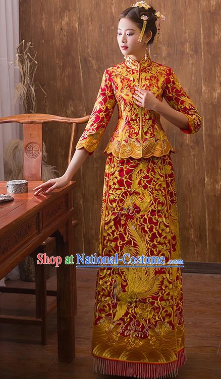 Traditional Chinese Ancient Red Bottom Drawer Embroidered Dragon Phoenix Xiuhe Suit Wedding Dress Toast Cheongsam for Women