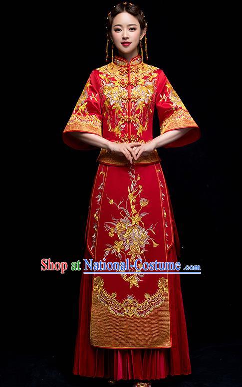 Chinese Traditional Wedding Embroidered Chrysanthemum Dress Ancient Bride Xiuhe Suit Clothing for Women