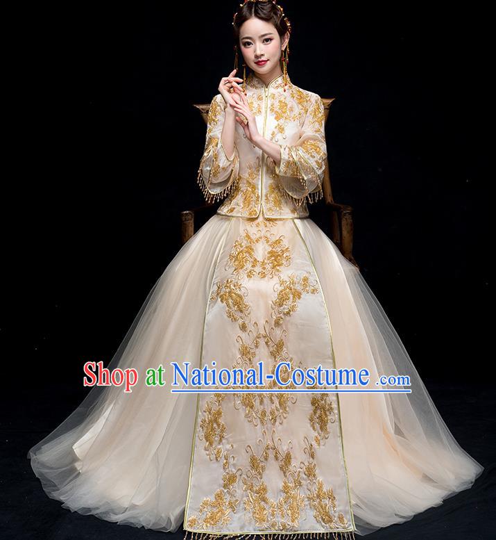 Chinese Traditional Wedding Golden Embroidered Costume Ancient Bride Xiuhe Suit Clothing for Women