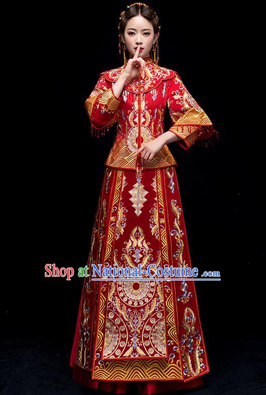 Chinese Traditional Wedding Red Embroidered Costume Ancient Bride Xiuhe Suit Clothing for Women