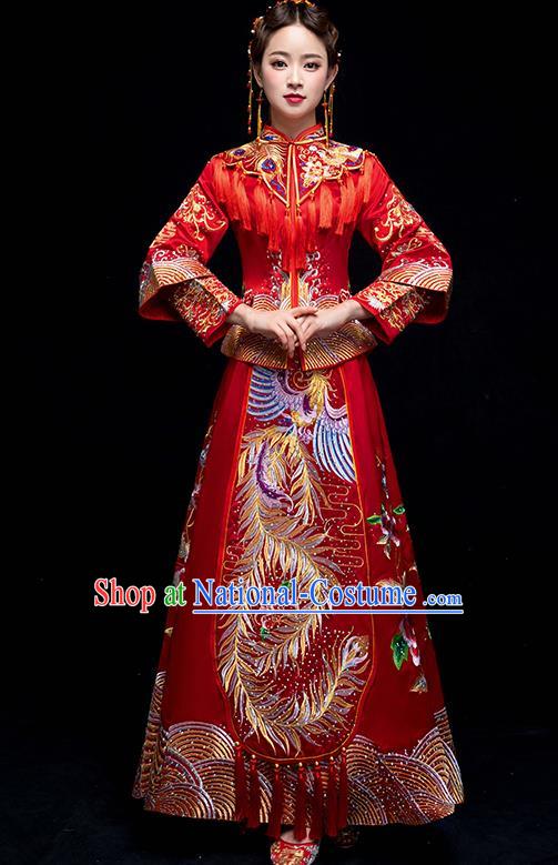 Chinese Traditional Wedding Red Embroidered Phoenix Peony Costume Ancient Bride Xiuhe Suit Clothing for Women