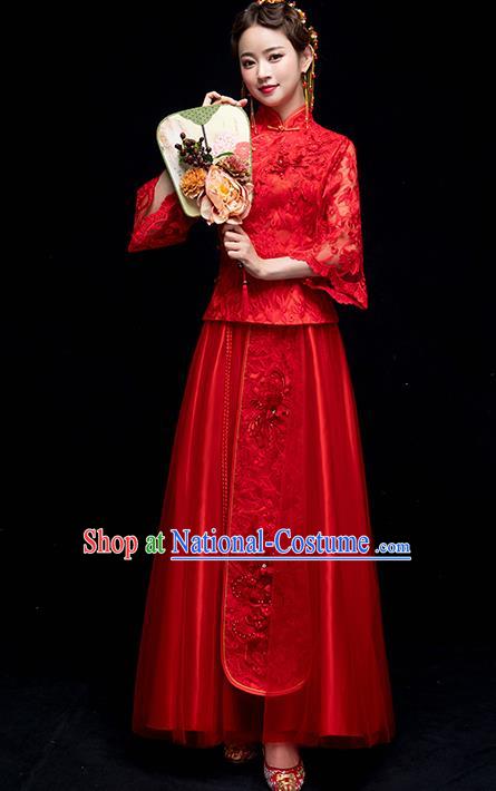 Chinese Traditional Wedding Embroidered Red Lace Costume Ancient Bride Xiuhe Suit Clothing for Women