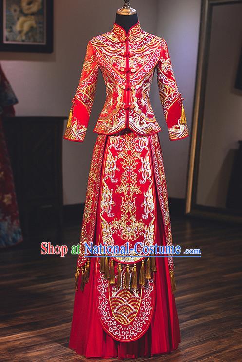 Chinese Traditional Wedding Embroidered Red Bottom Drawer Costume Ancient Bride Xiuhe Suit Clothing for Women