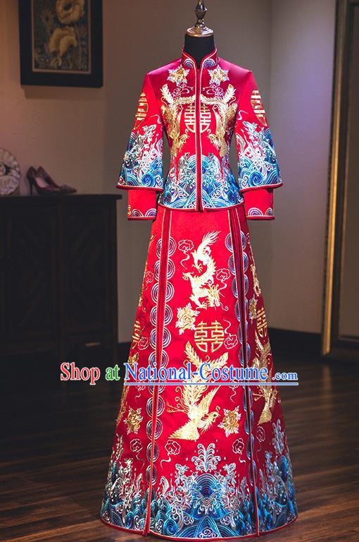 Chinese Traditional Wedding Embroidered Dragon and Phoenix Bottom Drawer Ancient Bride Xiuhe Suit Costume for Women