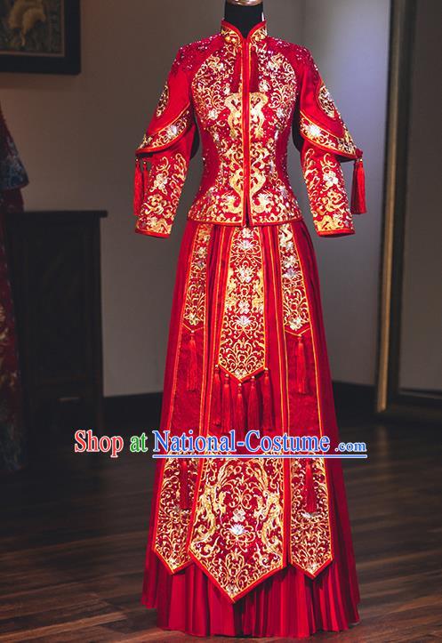 Chinese Traditional Wedding Embroidered Dress Diamante Bottom Drawer Ancient Bride Xiuhe Suit Costume for Women