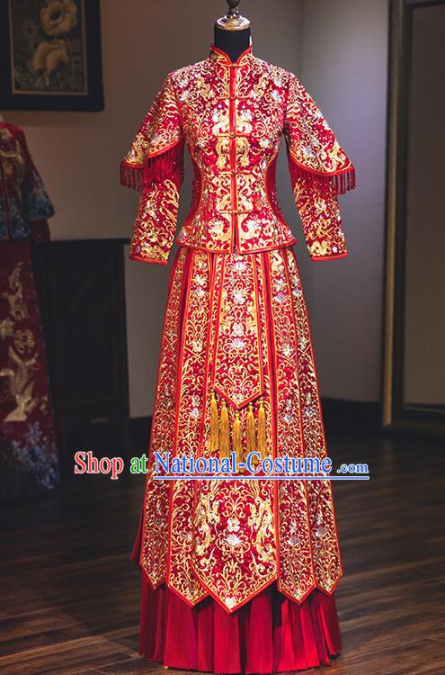 Chinese Traditional Wedding Delicate Embroidered Dress Diamante Bottom Drawer Ancient Bride Xiuhe Suit Costume for Women