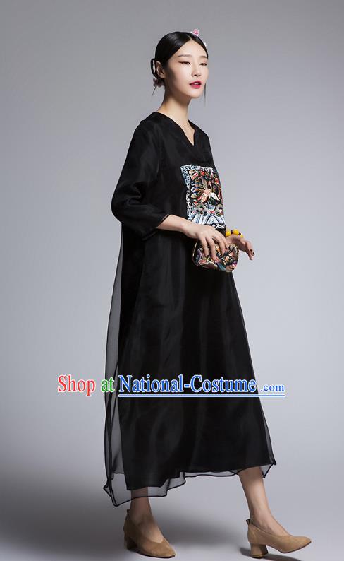 Chinese Traditional Tang Suit Embroidered Crane Black Cheongsam China National Qipao Dress for Women