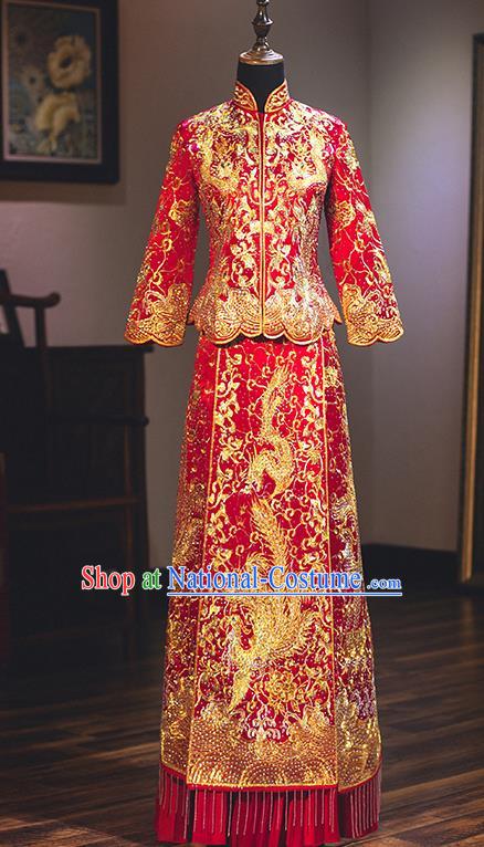 Chinese Traditional Toast Clothing Delicate Embroidered Wedding Dress Ancient Bride Longfeng Flown Xiuhe Suit for Women