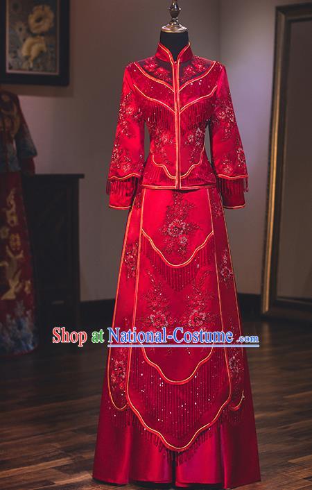 Chinese Traditional Delicate Embroidered Wedding Toast Dress Ancient Bride Longfeng Flown Xiuhe Suit for Women