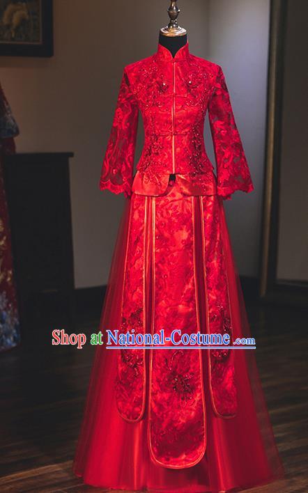 Chinese Traditional Delicate Embroidered Lace Wedding Toast Dress Ancient Bride Longfeng Flown Xiuhe Suit for Women