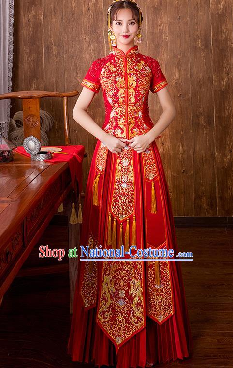 Chinese Traditional Embroidered Wedding Dress Ancient Bride Toast Longfeng Flown Xiuhe Suit for Women