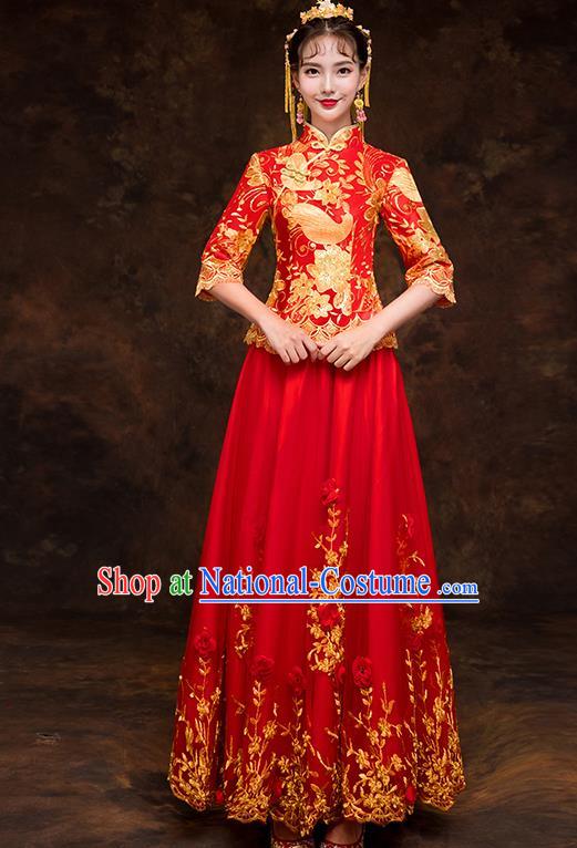 Chinese Traditional Embroidered Cheongsam Wedding Dress Ancient Bride Xiuhe Suit for Women