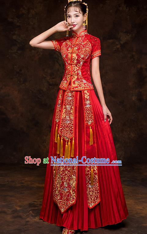 Chinese Traditional Cheongsam Embroidered Wedding Dress Ancient Bride Xiuhe Suit for Women