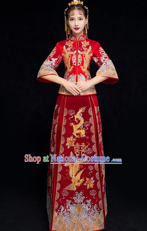 Chinese Traditional Xiuhe Suit Embroidered Wedding Dress Ancient Bride Cheongsam for Women