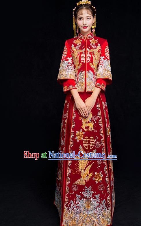 Chinese Traditional Xiuhe Suit Embroidered Wedding Dress Ancient Bride Diamante Cheongsam for Women