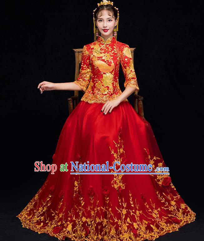 Chinese Traditional Embroidered Xiuhe Suit Wedding Dress Ancient Bride Cheongsam for Women