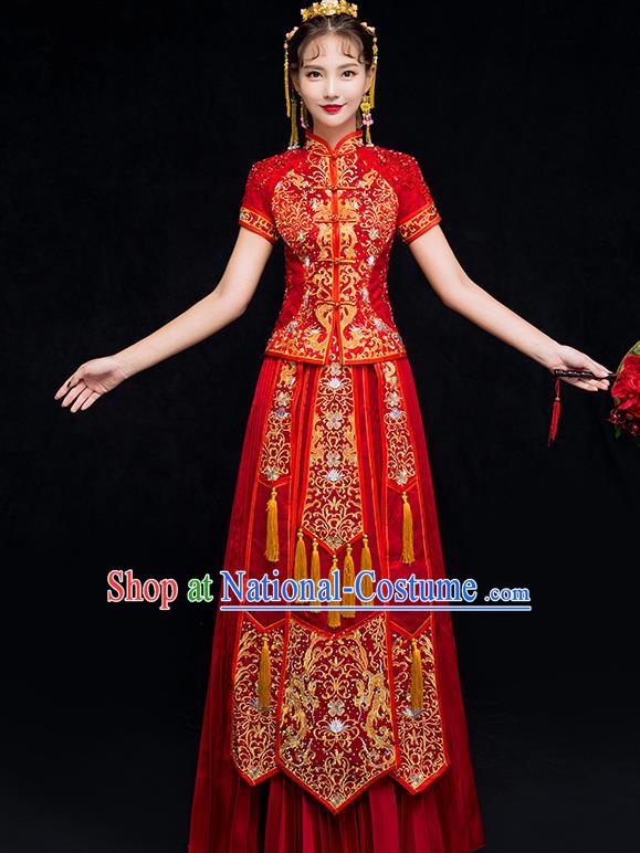 Chinese Traditional Embroidered Phoenix Xiuhe Suit Wedding Dress Ancient Bride Cheongsam for Women