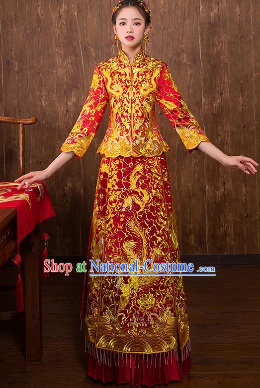 Chinese Traditional Embroidered Golden Phoenix Xiuhe Suit Wedding Dress Ancient Bride Cheongsam for Women