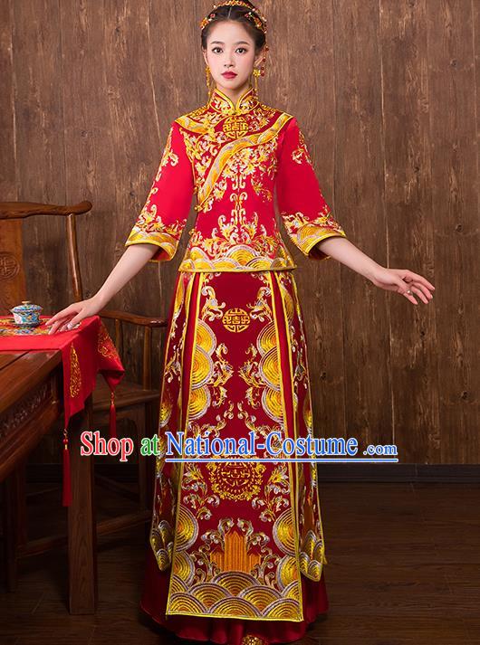 Chinese Traditional Embroidered Trailing Xiuhe Suit Wedding Dress Ancient Bride Cheongsam for Women