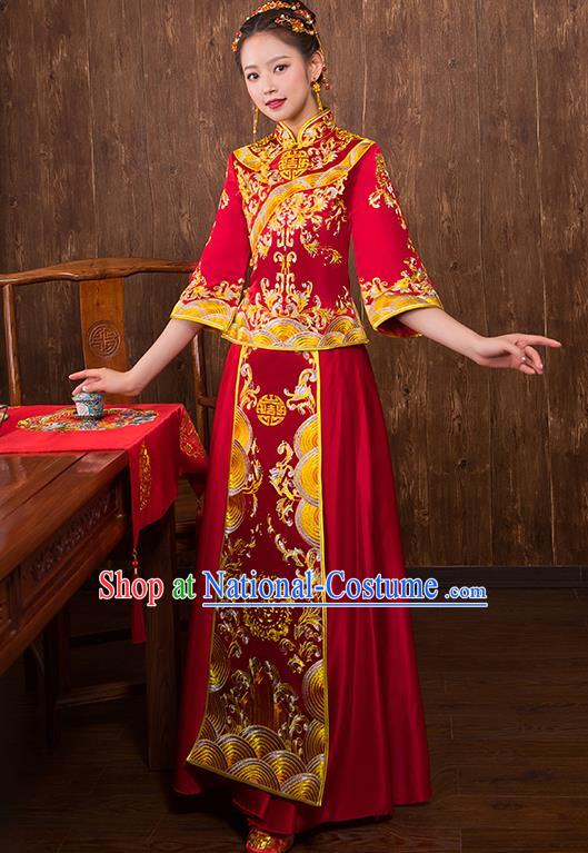 Chinese Traditional Embroidered Red Xiuhe Suit Wedding Dress Ancient Bride Cheongsam for Women