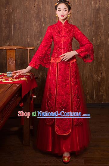 Chinese Traditional Embroidered Bridal Red Xiuhe Suit Wedding Dress Ancient Bride Cheongsam for Women