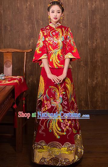 Chinese Traditional Embroidered Phoenix Bridal Red Xiuhe Suit Wedding Dress Ancient Bride Cheongsam for Women