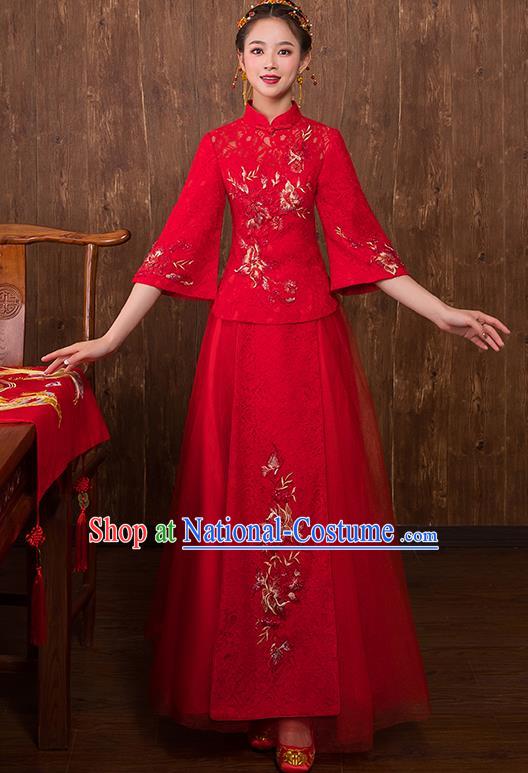 Chinese Traditional Embroidered Peony Bridal Red Xiuhe Suit Wedding Dress Ancient Bride Cheongsam for Women