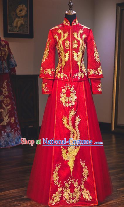 Chinese Traditional Red Wedding Dress Delicate Embroidered Phoenix Bottom Drawer Ancient Bride Xiuhe Suit Costume for Women